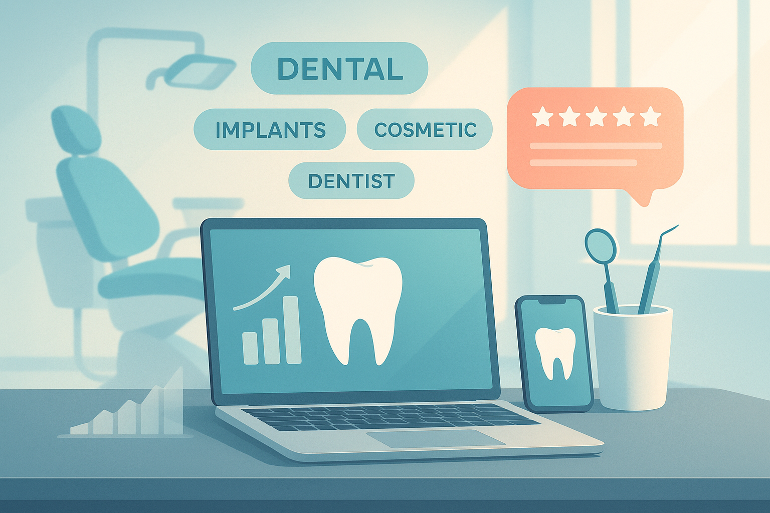 Modern dental workspace with growth charts, keyword clusters, and testimonial bubbles in clinical tones.
