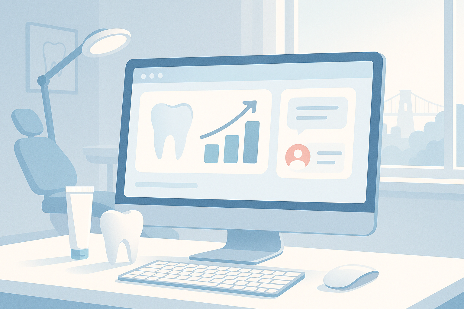 Modern dental workspace with growth charts, testimonial bubbles, and cityscape background.