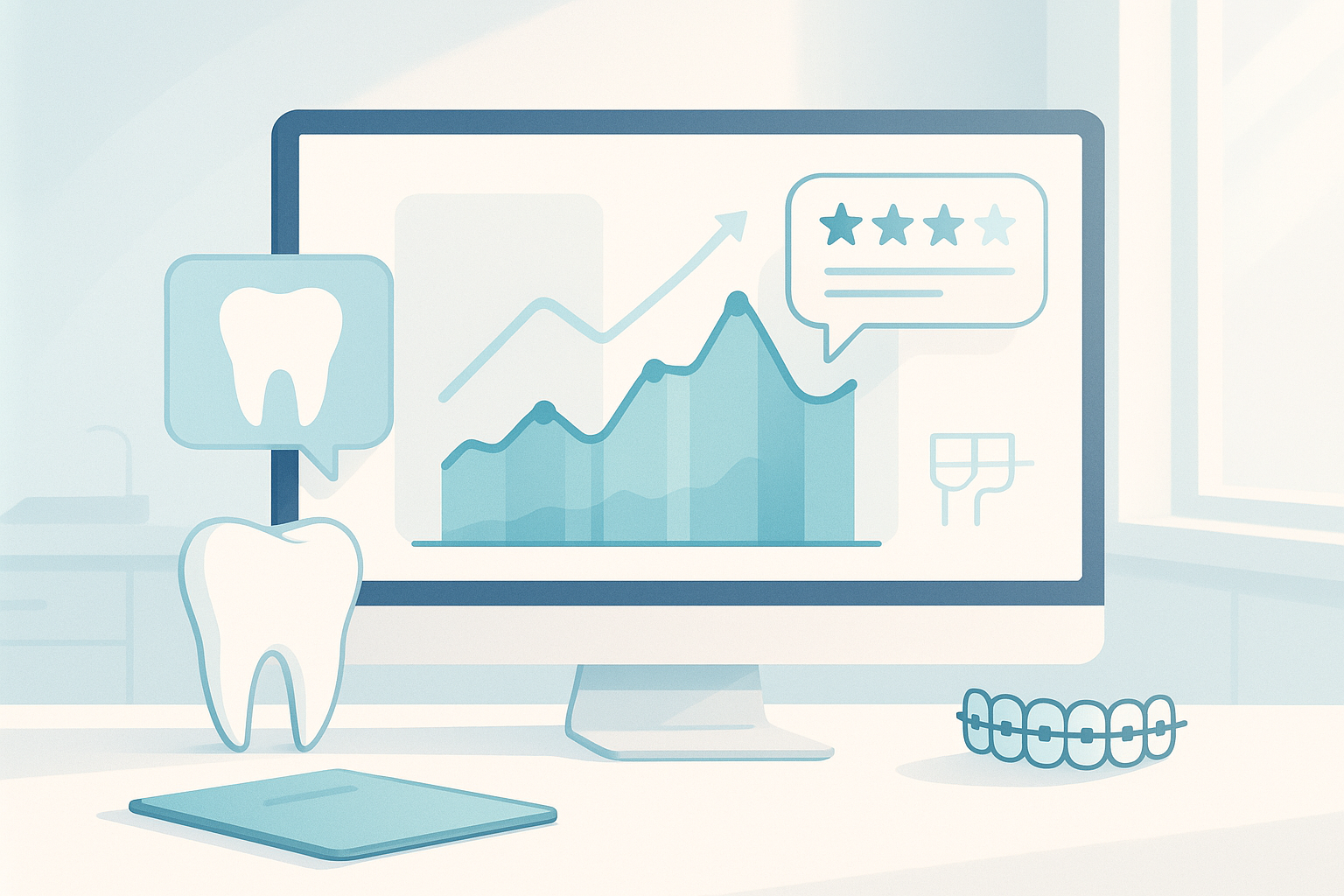 Modern dental workspace with growth charts, testimonial bubbles, and data visuals in bright, clinical tones.