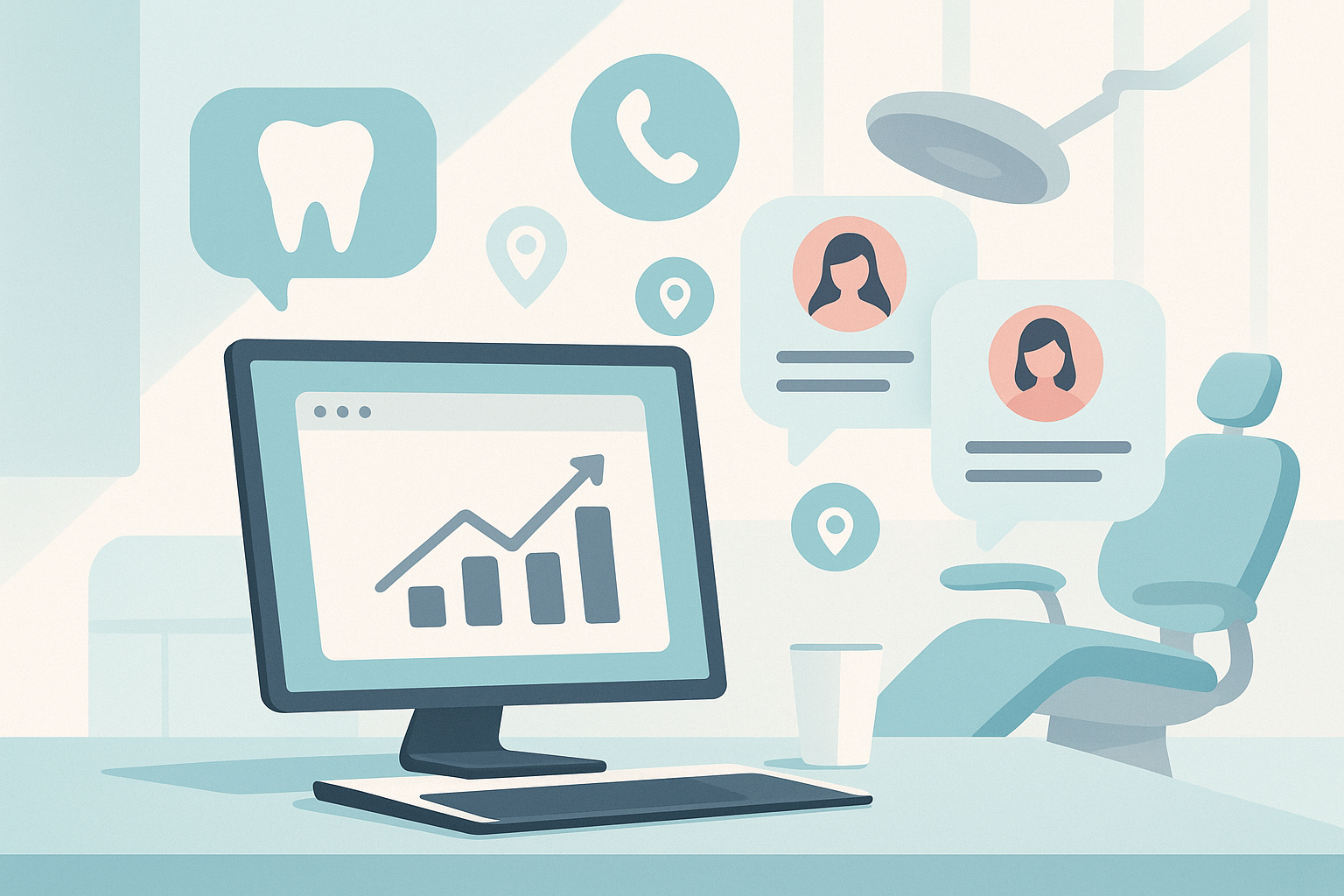 Modern dental workspace with growth charts, testimonial bubbles, location pins, and call icons.