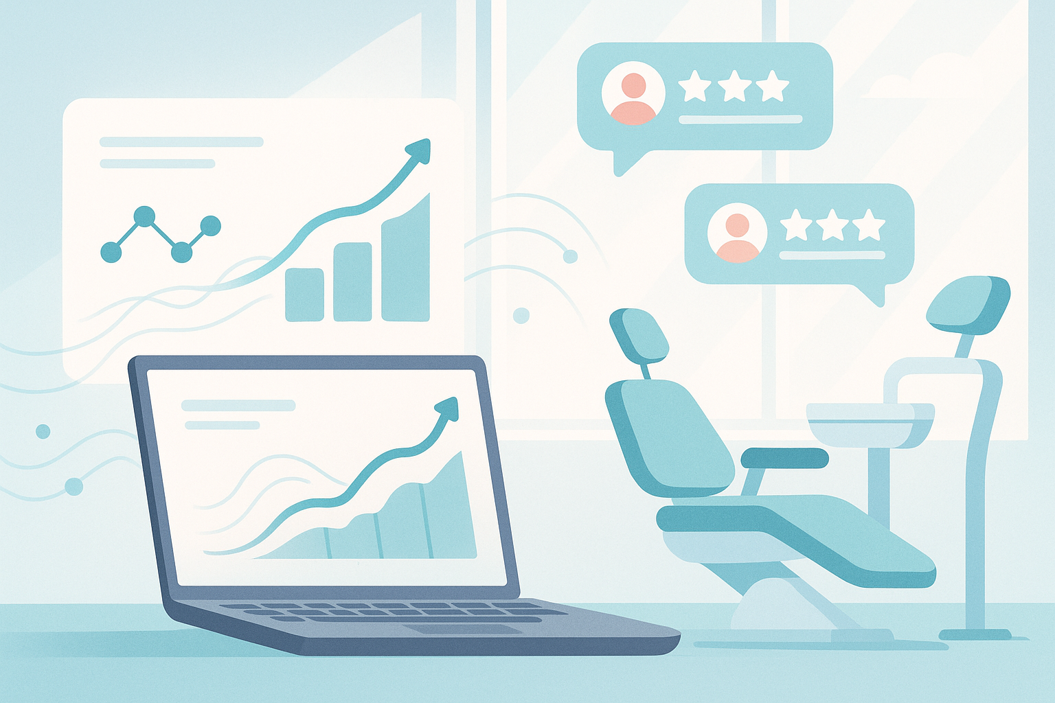Modern dental workspace with growth charts, testimonial bubbles, and data symbols in calming colors.