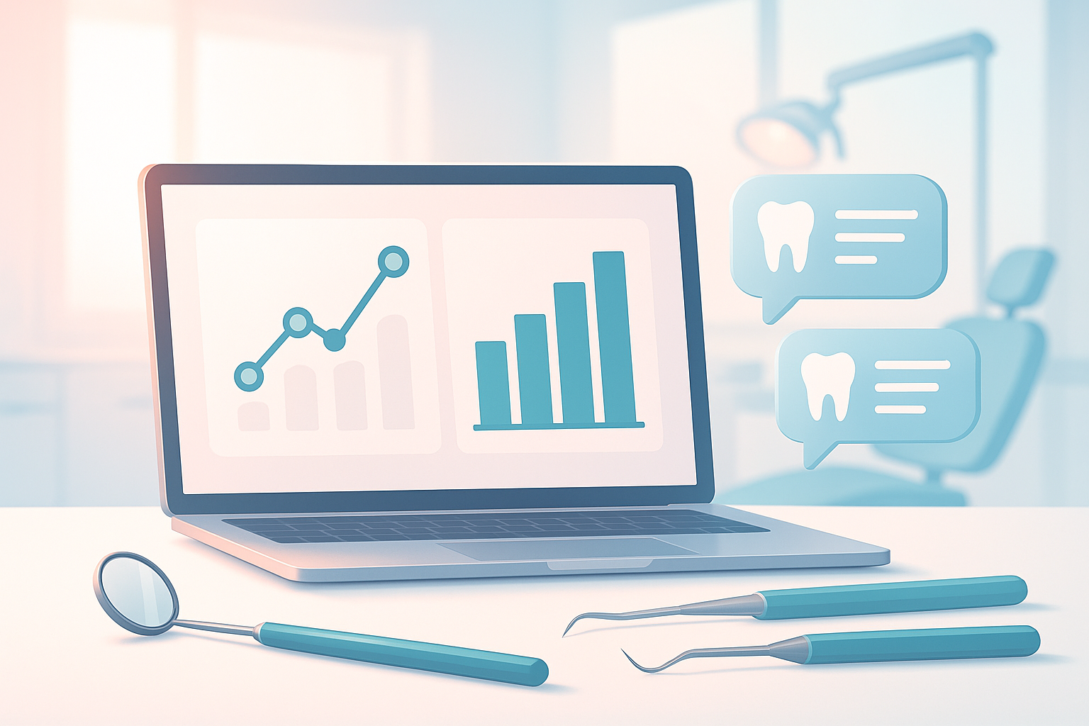 Modern dental workspace with growth charts, testimonial bubbles, and minimalist tools in bright, clinical tones.