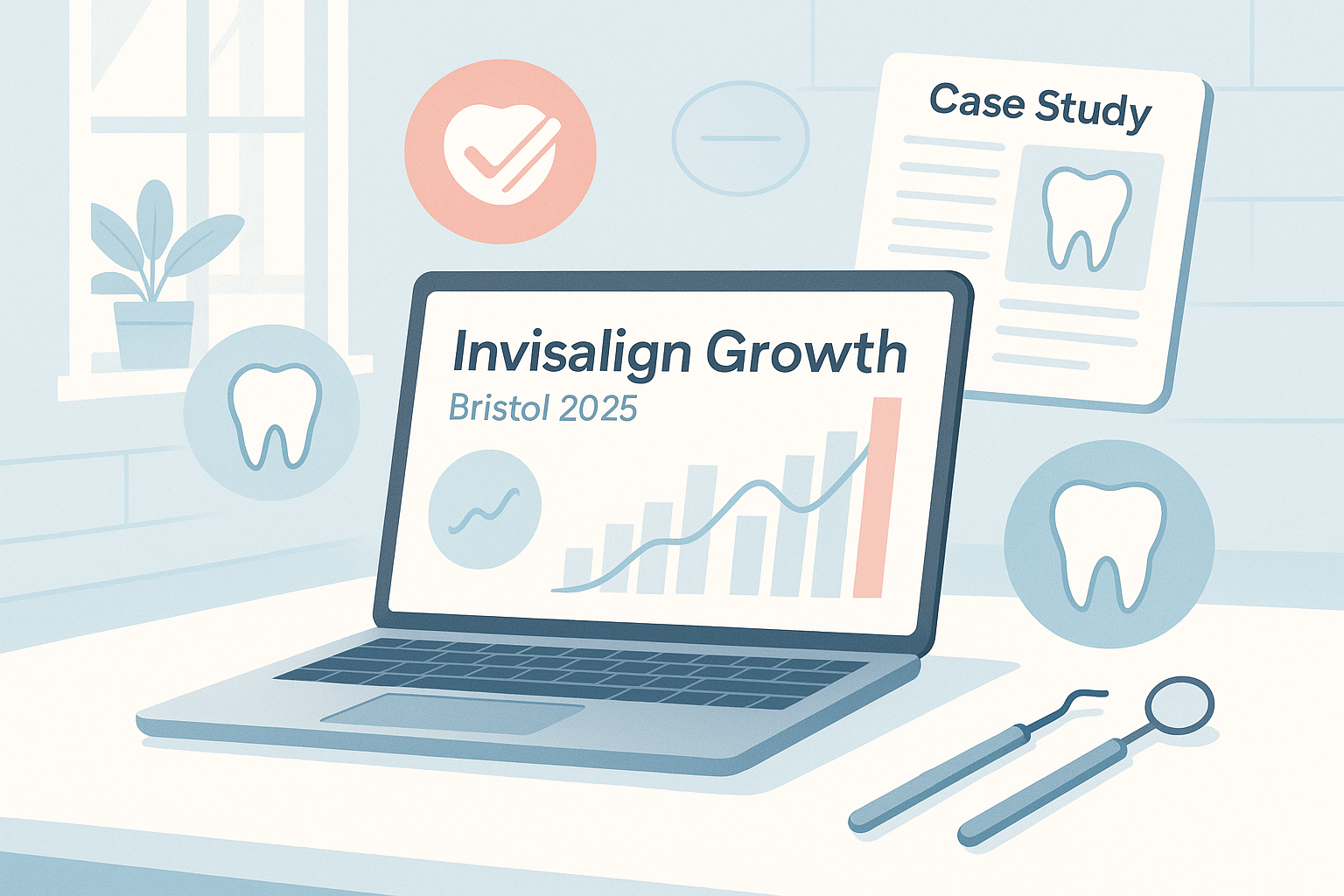 Modern dental workspace with growth charts, tools, and compliance symbols in bright, professional setting.