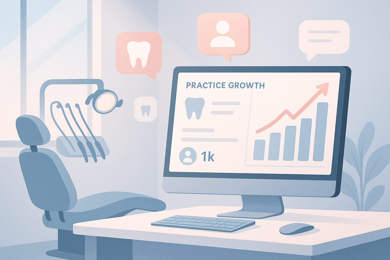 Modern dental workspace with growth charts, tooth icons, and testimonial bubbles in bright, clean setting.