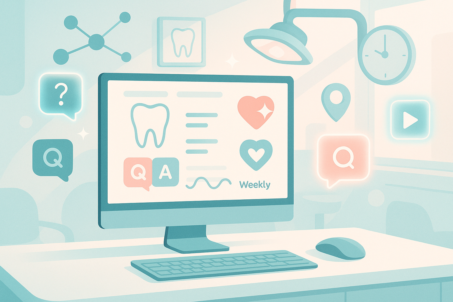 Modern dental workspace with icons, nodes, and symbols in bright, calming colors.