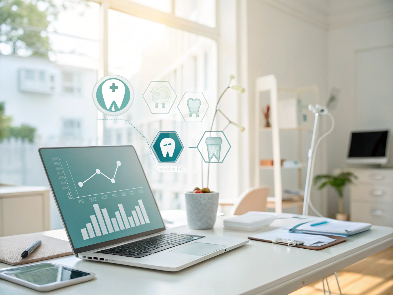 Modern dental workspace with icons, smile outlines, testimonial bubbles, and data in calming colors.