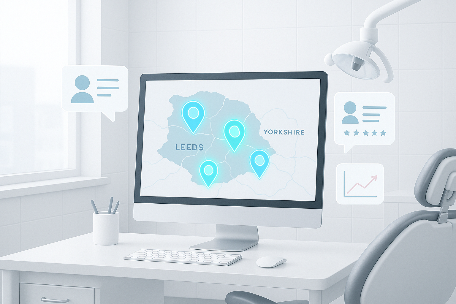 Modern dental workspace with illuminated map markers, testimonials, and growth charts in clinical tones.