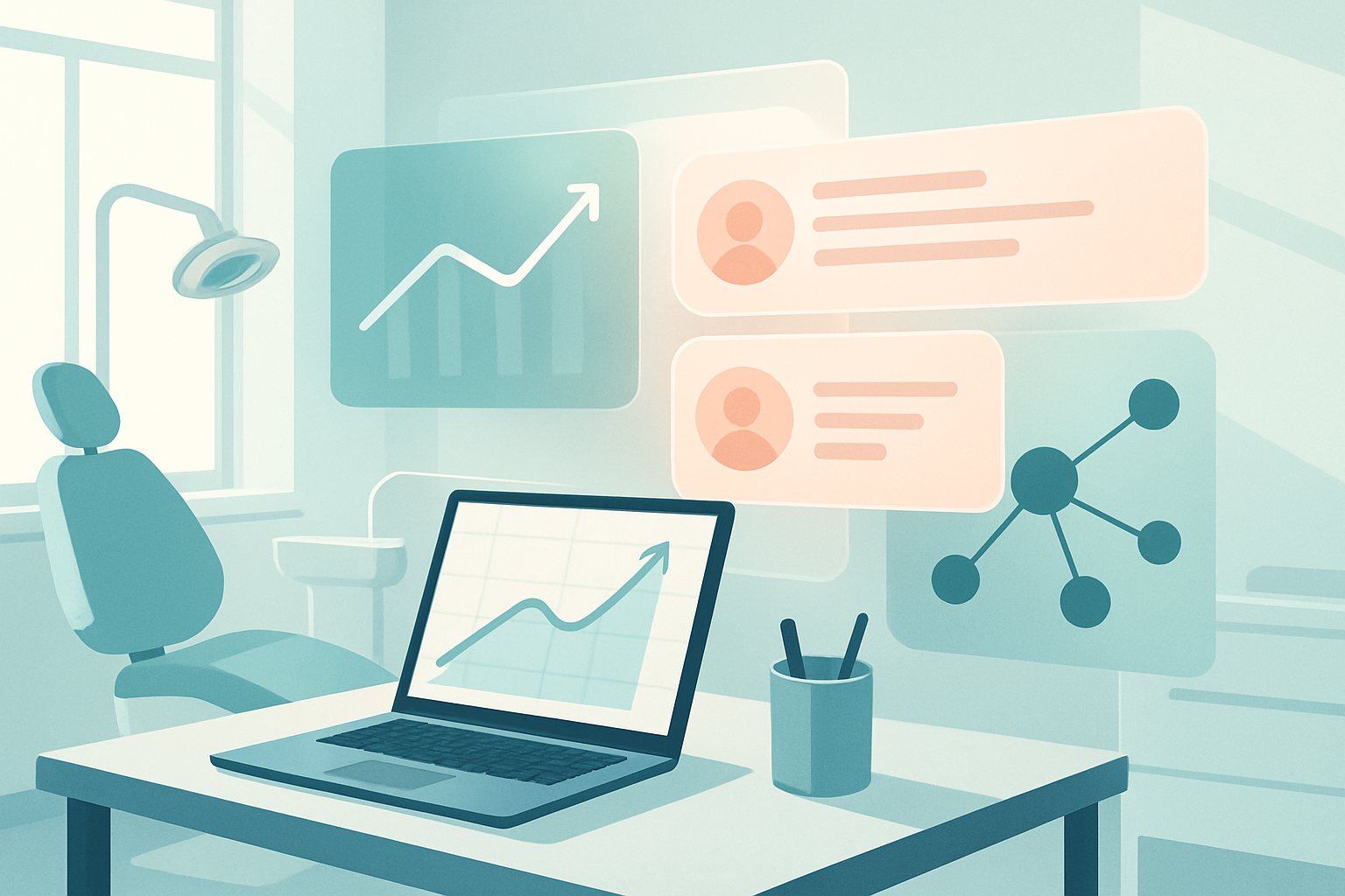 Modern dental workspace with interconnected charts, testimonial bubbles, and network nodes.
