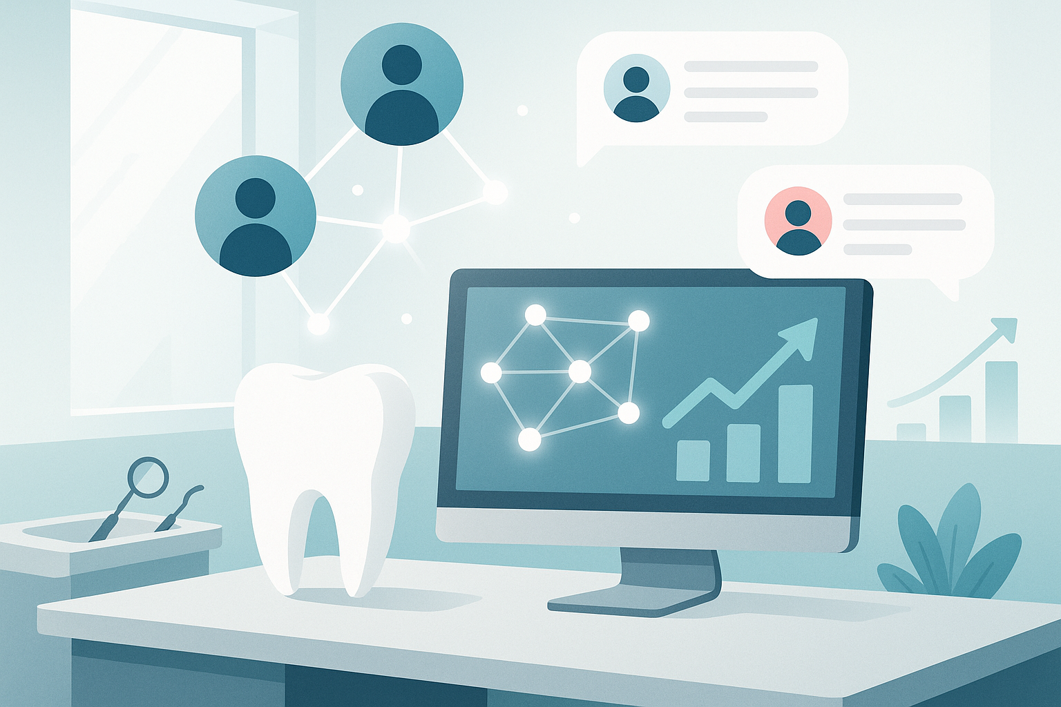 Modern dental workspace with interconnected nodes, growth charts, and testimonial bubbles.