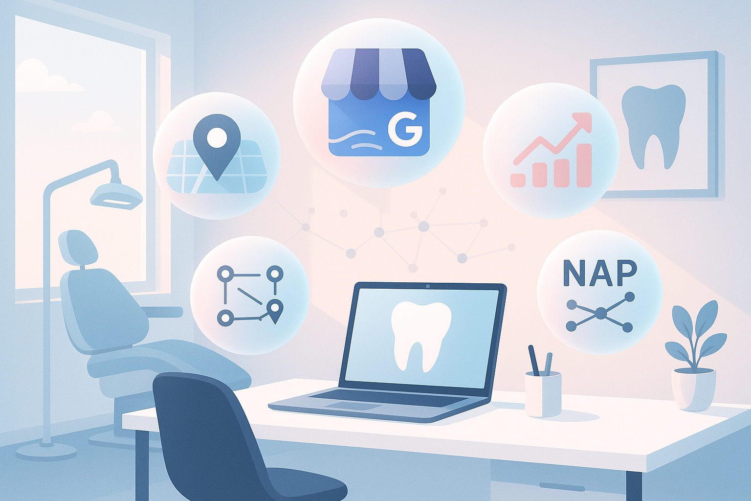Modern dental workspace with interconnected translucent orbs representing SEO elements and growth.