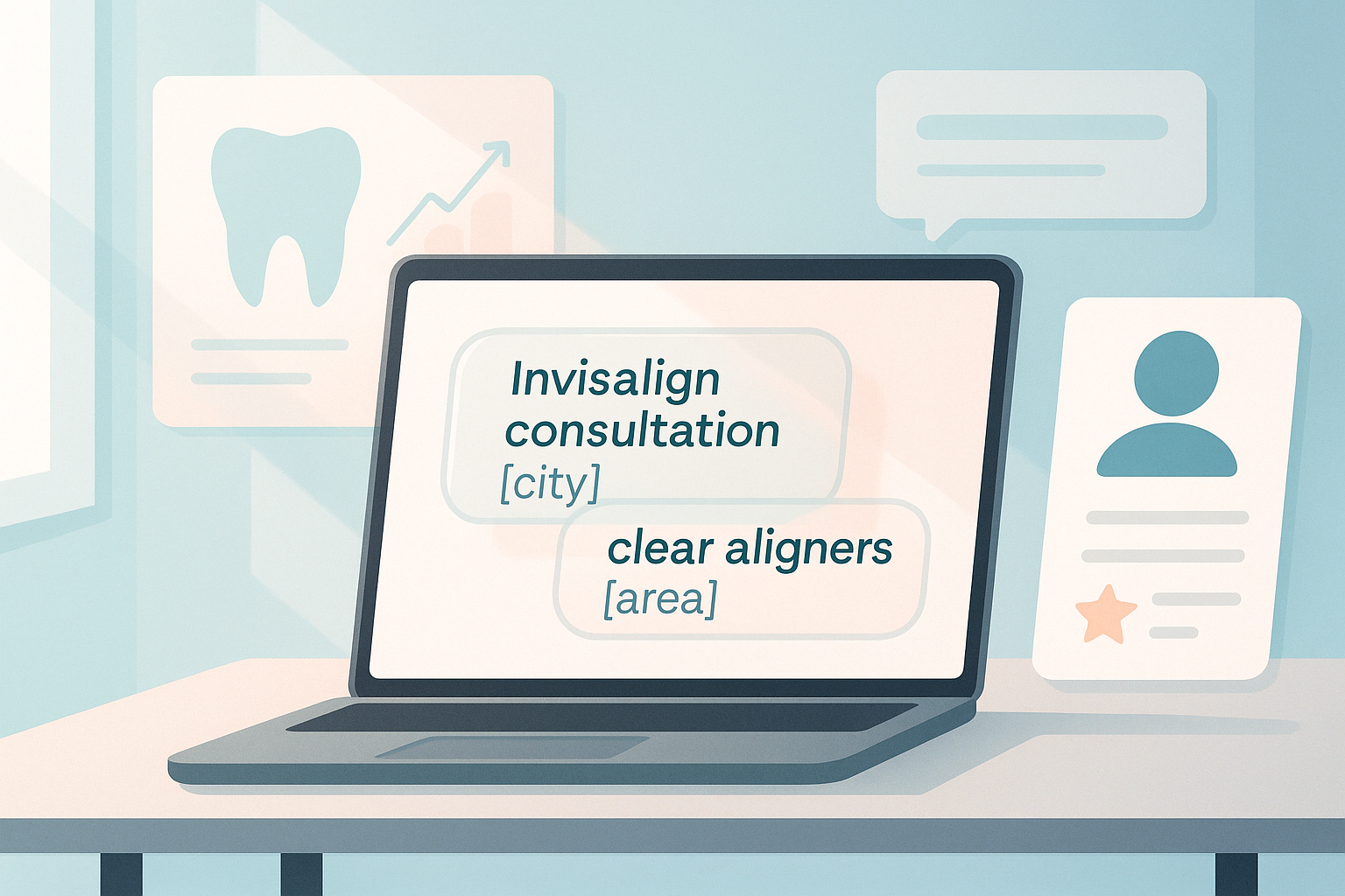 Modern dental workspace with keyword bubbles, growth charts, and testimonial icons in bright, clean design.