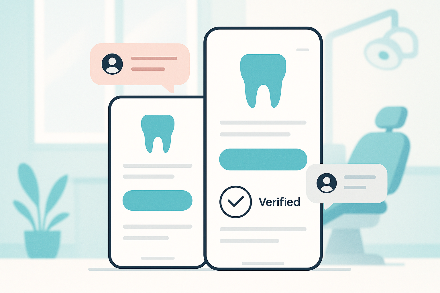Modern dental workspace with mobile devices, testimonials, badges, and clinical elements in soothing colors.