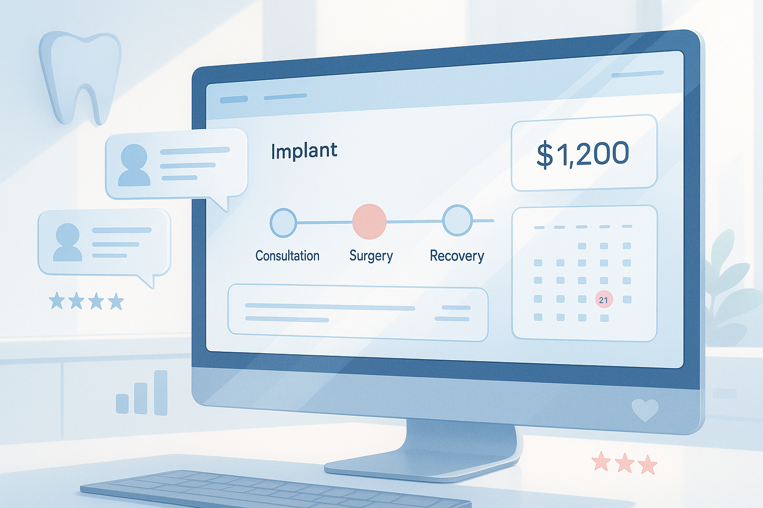 Modern dental workspace with patient journey map, pricing tags, booking calendar, and review icons.