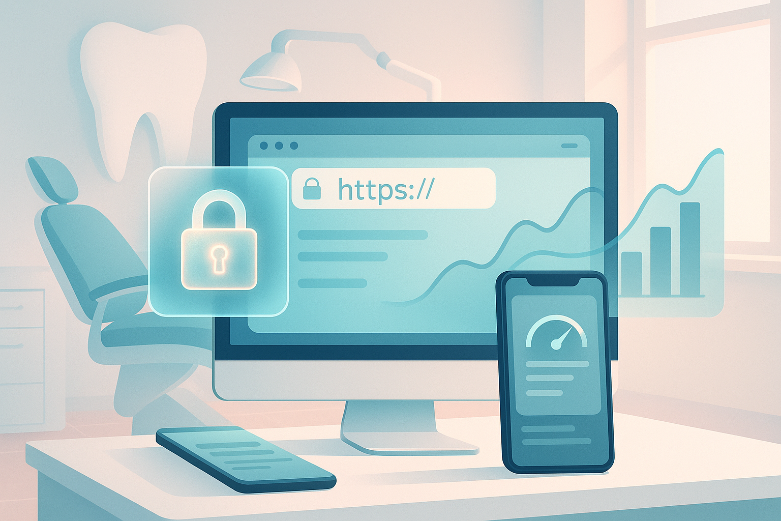 Modern dental workspace with secure HTTPS locks, mobile devices, growth charts, and clinical environment.