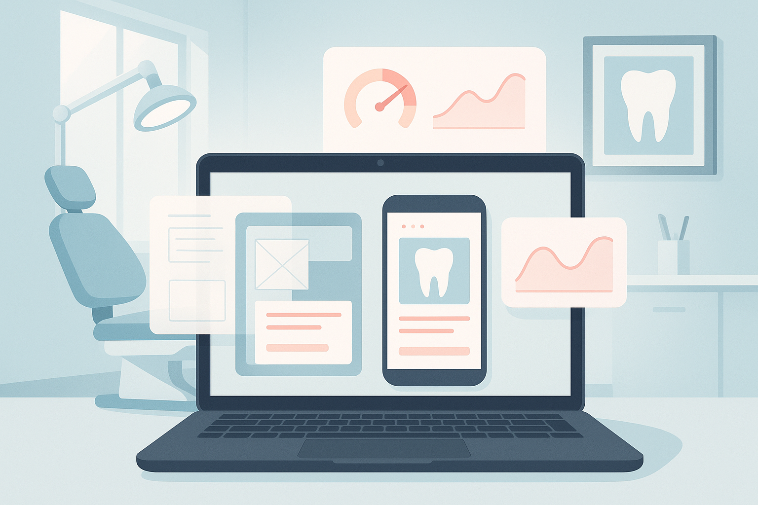 Modern dental workspace with wireframes, charts, and SEO performance visuals in clinical colors.