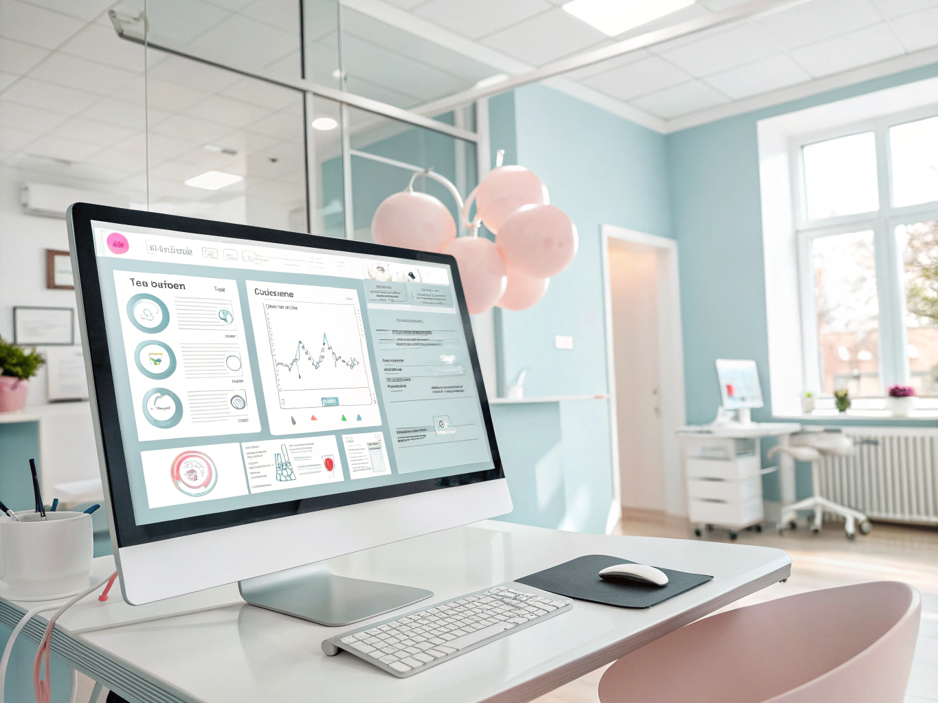 Modern dental workspace with wireframes, checklists, growth charts, and clinical background.