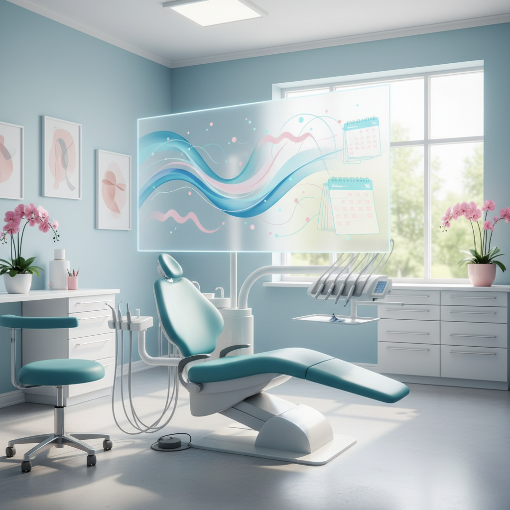 Bright dental clinic with digital dashboard, calendar pages, and connection lines in soft, modern tones.
