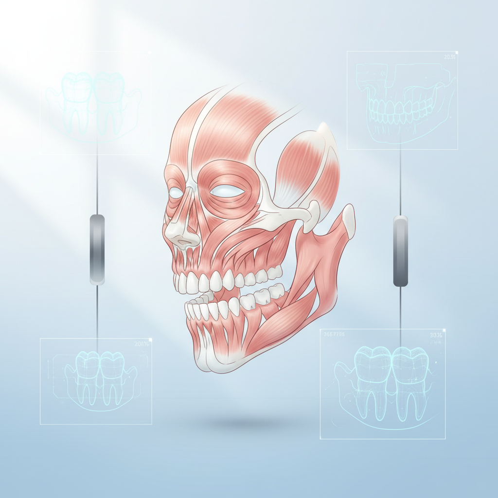Modern dental anatomy illustration showing jaw muscles and skeletal outlines in a clinical setting.