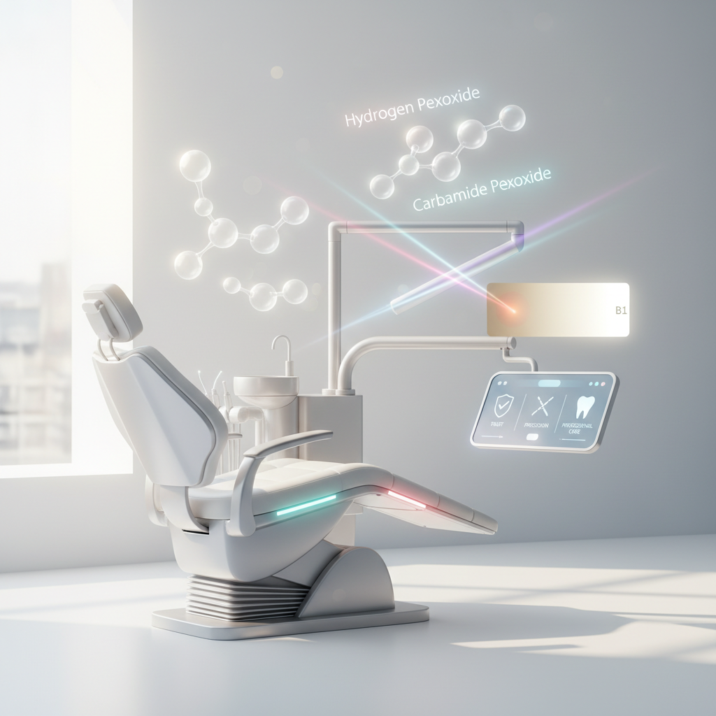 Modern dental chair with glowing molecular structures and laser beams over a digital dashboard.