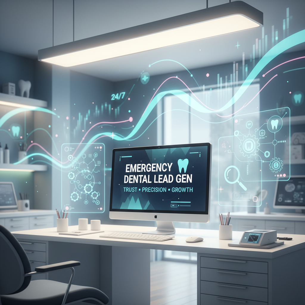 Modern dental clinic and control room with data streams and graphs for lead generation.