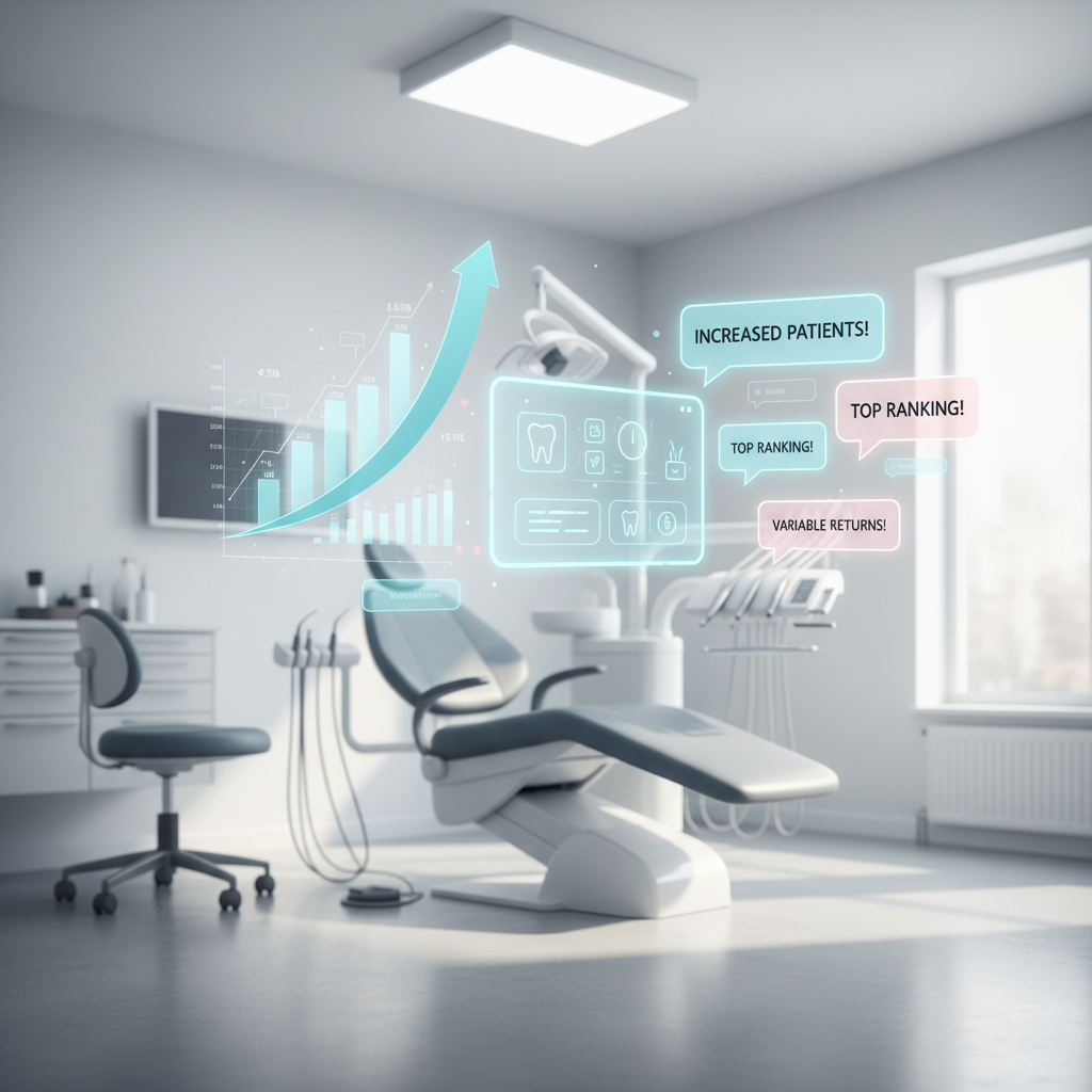 Modern dental clinic dashboard with floating charts and testimonial bubbles in bright, clean colors.
