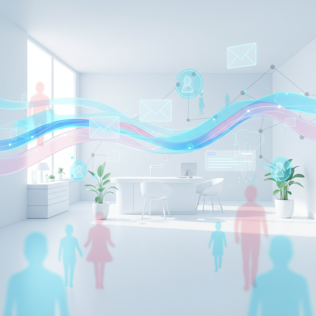 Modern dental clinic illustration with data streams, patient silhouettes, and secure digital icons.