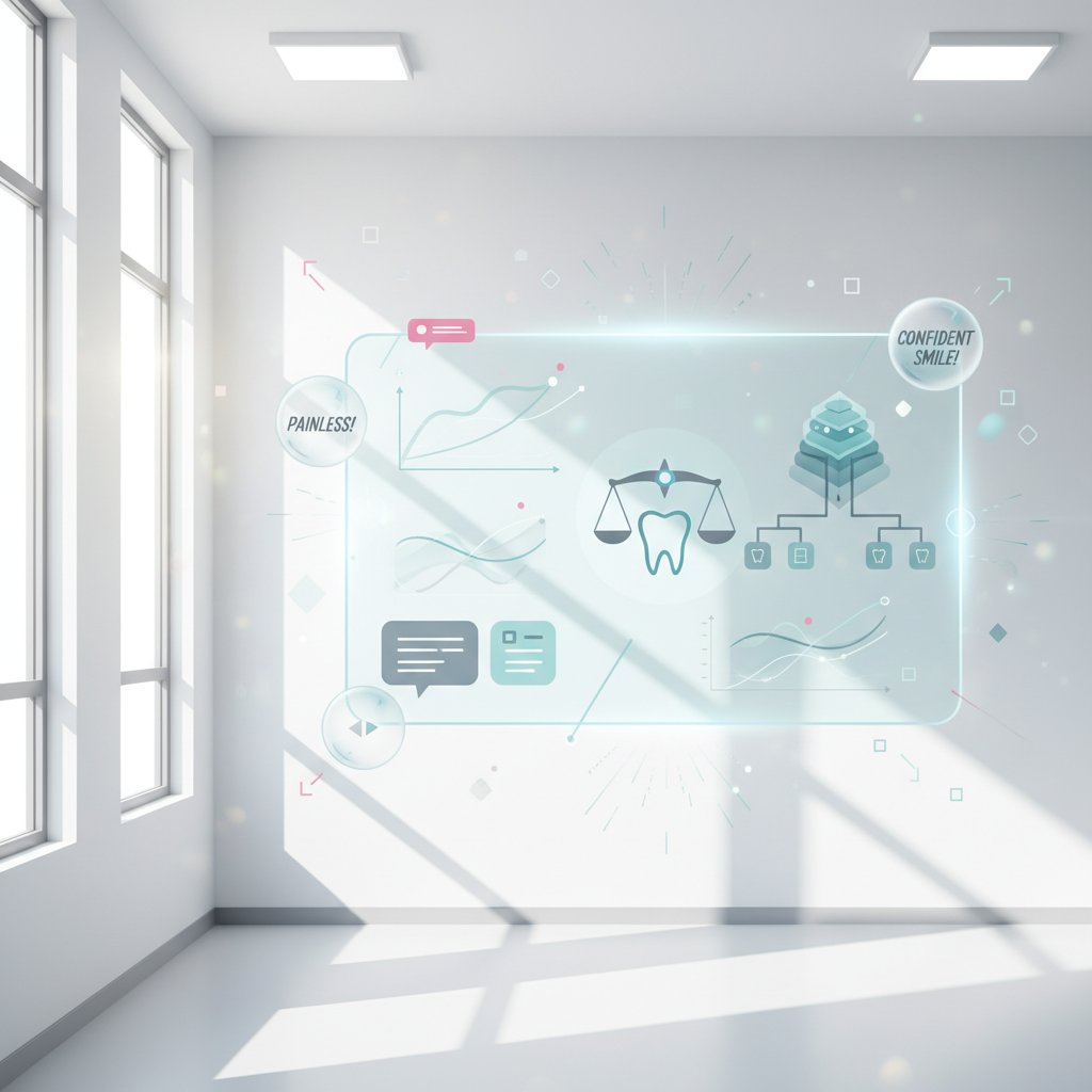 Modern dental clinic illustration with digital dashboard, growth charts, and risk assessment symbols.