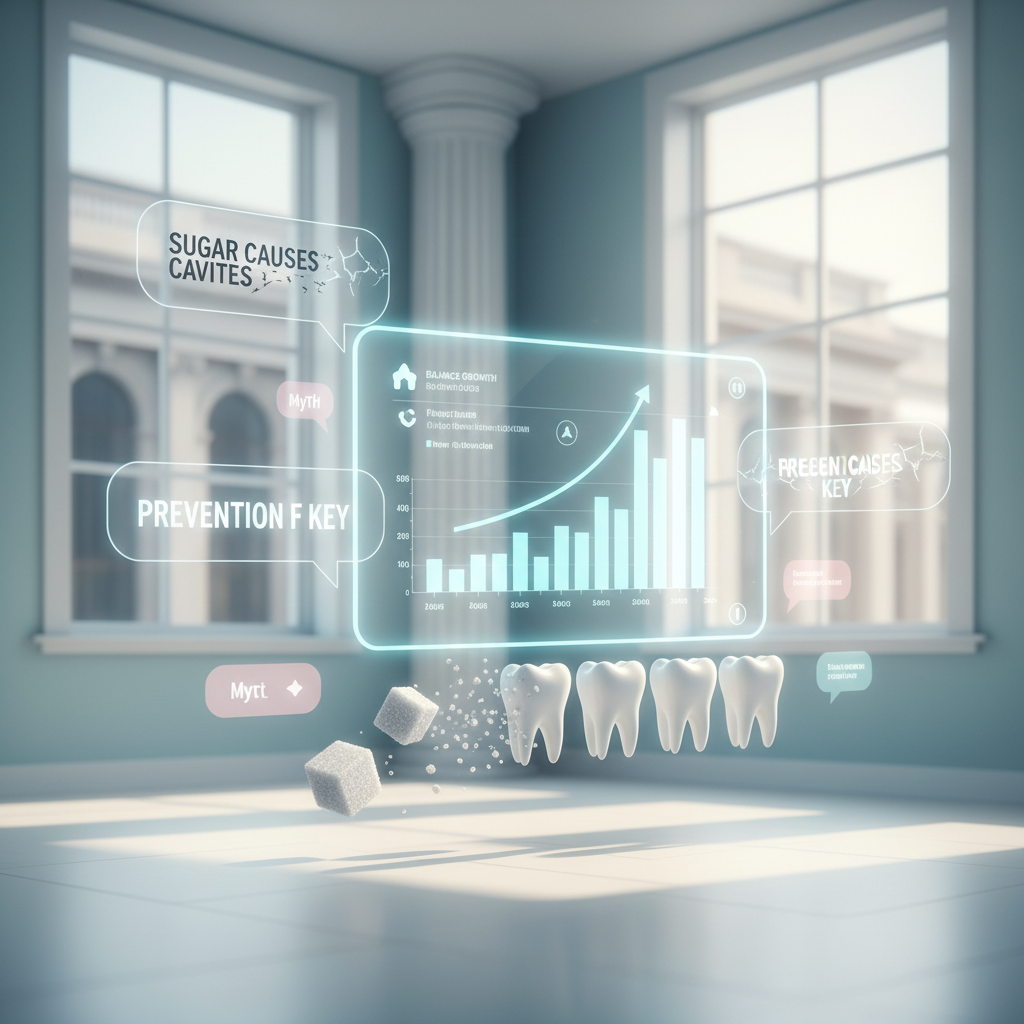 Modern dental clinic illustration with digital health dashboard, testimonials, and health metaphors.
