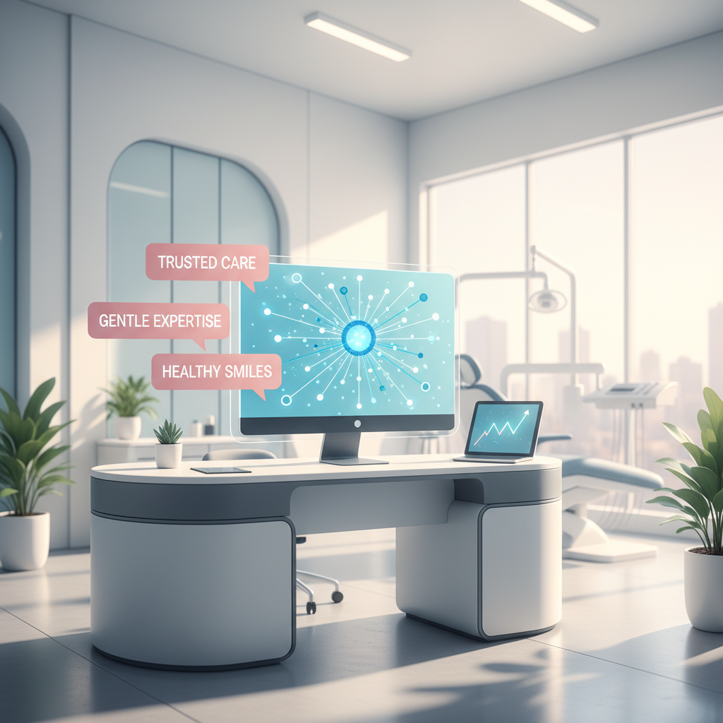 Modern dental clinic illustration with digital workspace, growth charts, and trust bubbles.