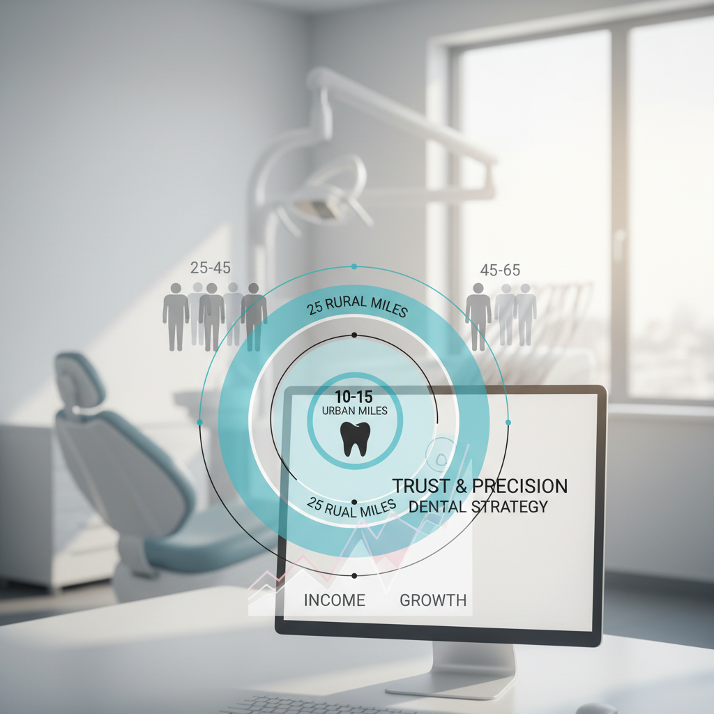 Modern dental clinic illustration with geographic, age, and income targeting visuals in bright, clinical tones.