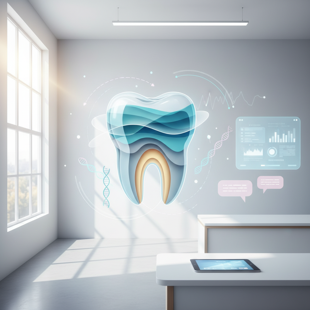 Modern dental clinic illustration with translucent enamel layers, genetic strands, and digital elements.