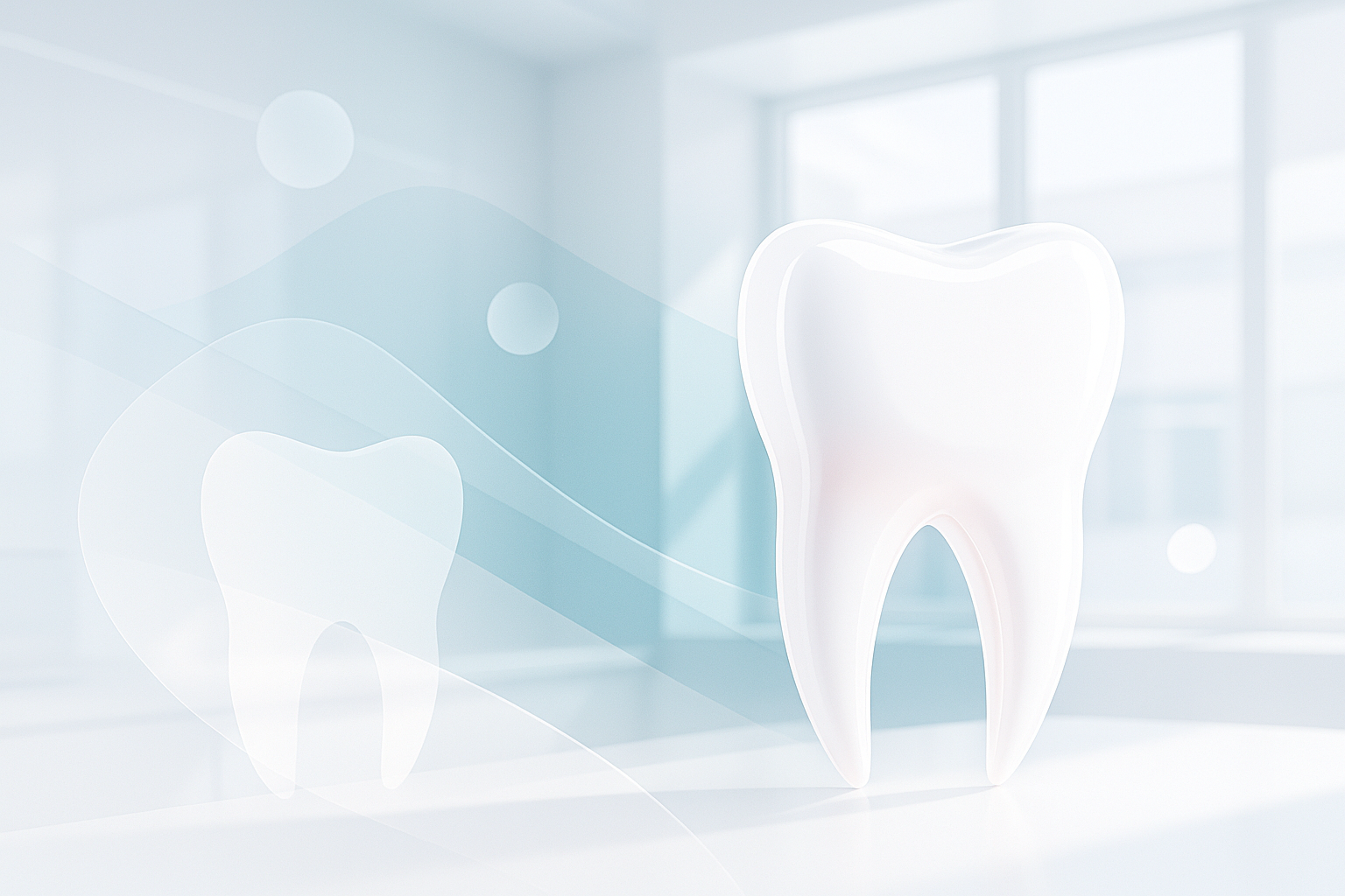 Modern dental clinic illustration with translucent textures, soft colors, and floating shapes.