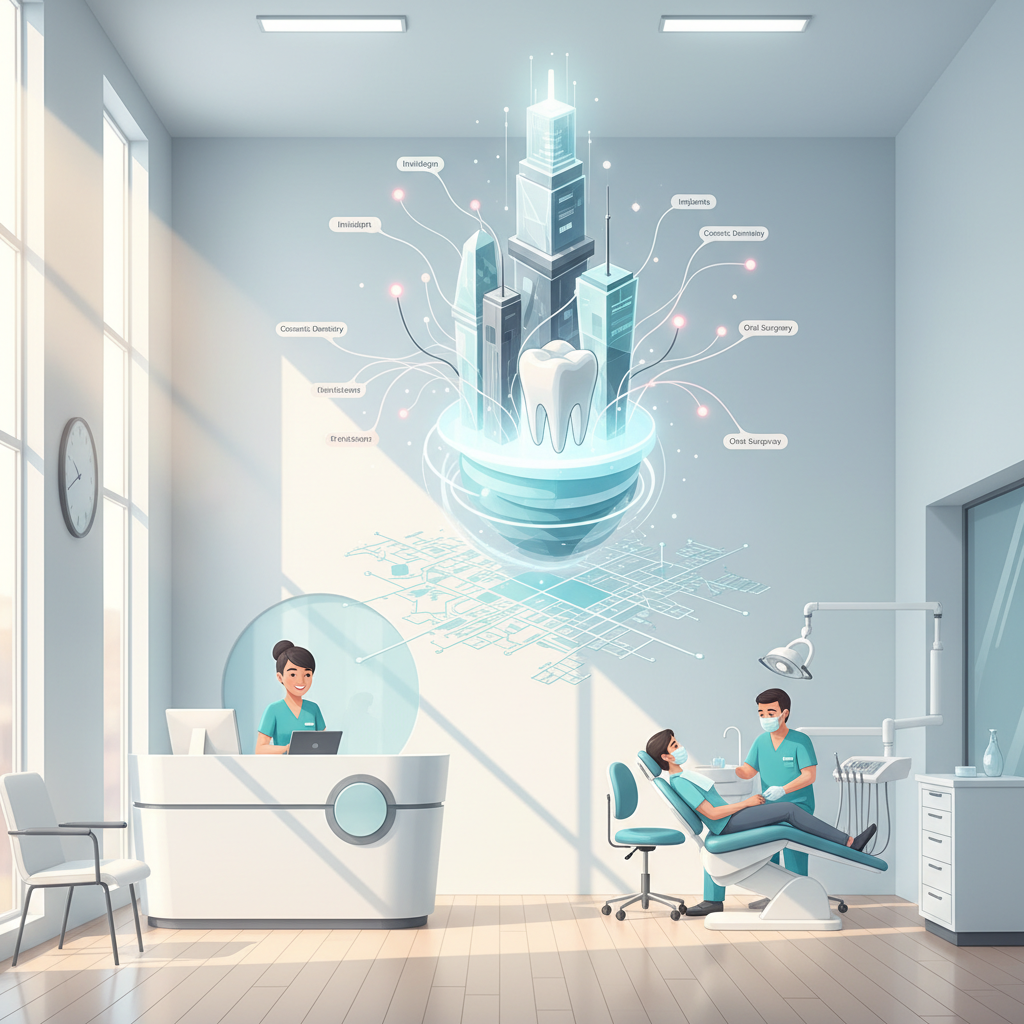 Modern dental clinic interior with abstract geographic, dental growth, and keyword metaphors.
