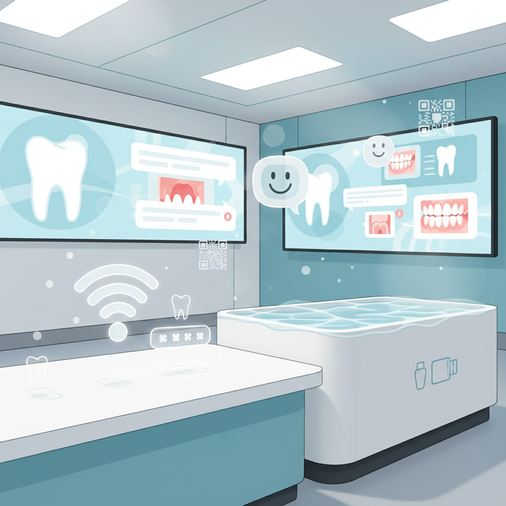 Modern dental clinic interior with digital displays, Wi-Fi signals, charging icons, and subtle QR codes.