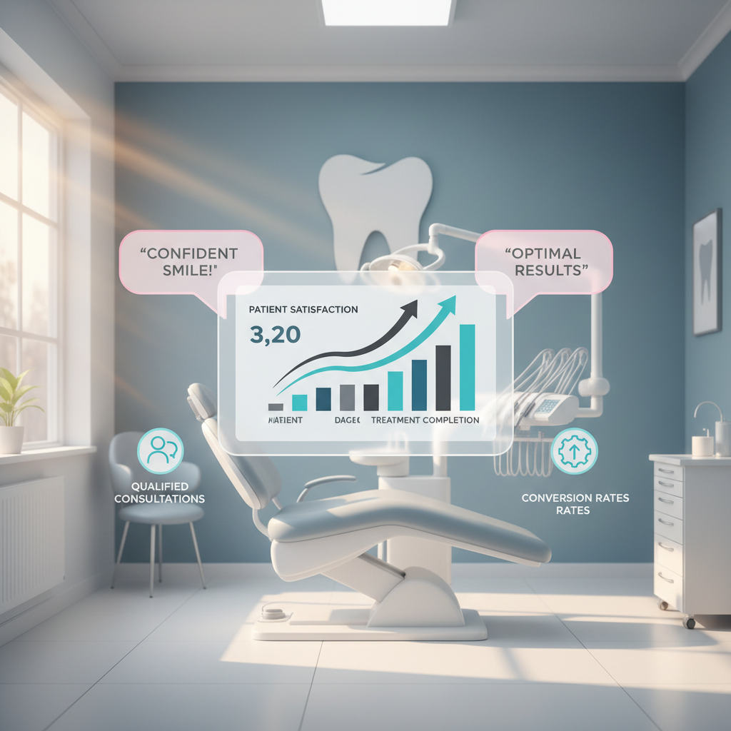 Modern dental clinic scene with digital dashboard, testimonial bubbles, and icons showing growth metrics.