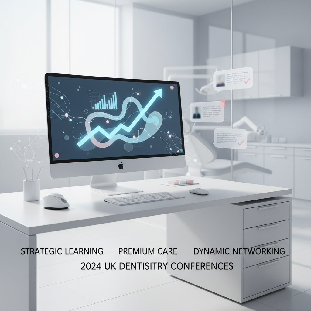 Modern dental clinic scene with digital workspace, growth charts, and testimonial bubbles in clinical tones.