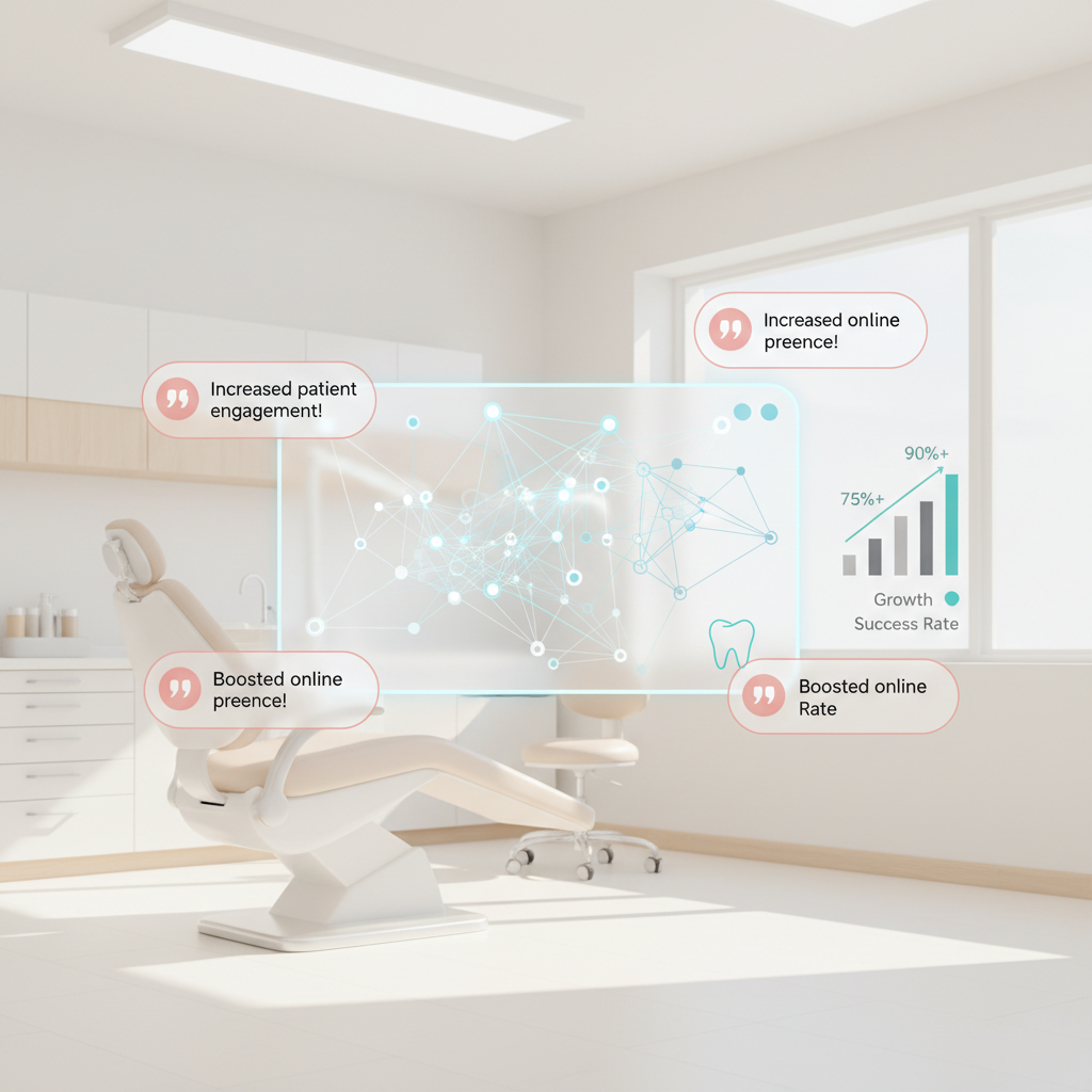 Modern dental clinic treatment room with digital workspace, growth charts, and glowing testimonial bubbles.