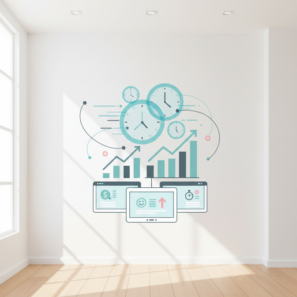 Modern dental clinic with abstract workflow, growth charts, and digital dashboard elements.