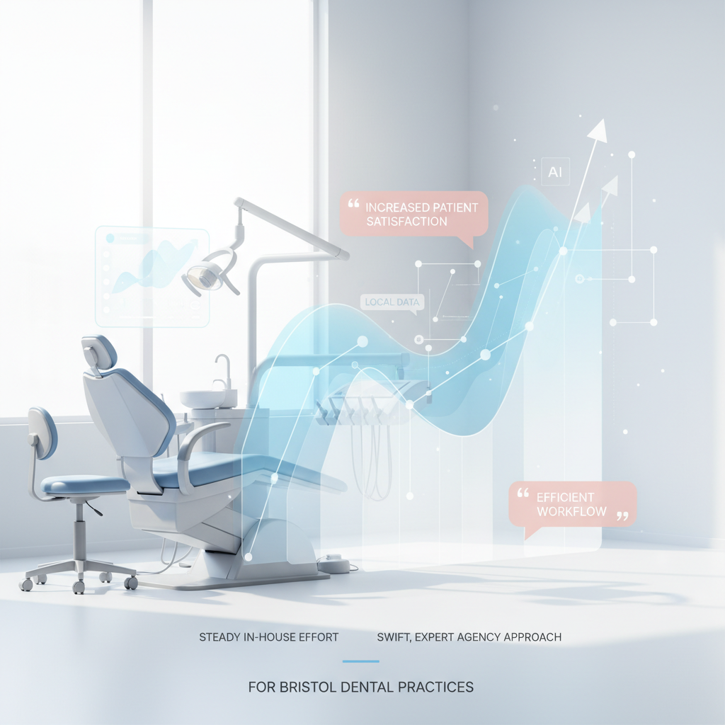 Modern dental clinic with AI dashboard, data charts, and testimonial bubbles in bright workspace.