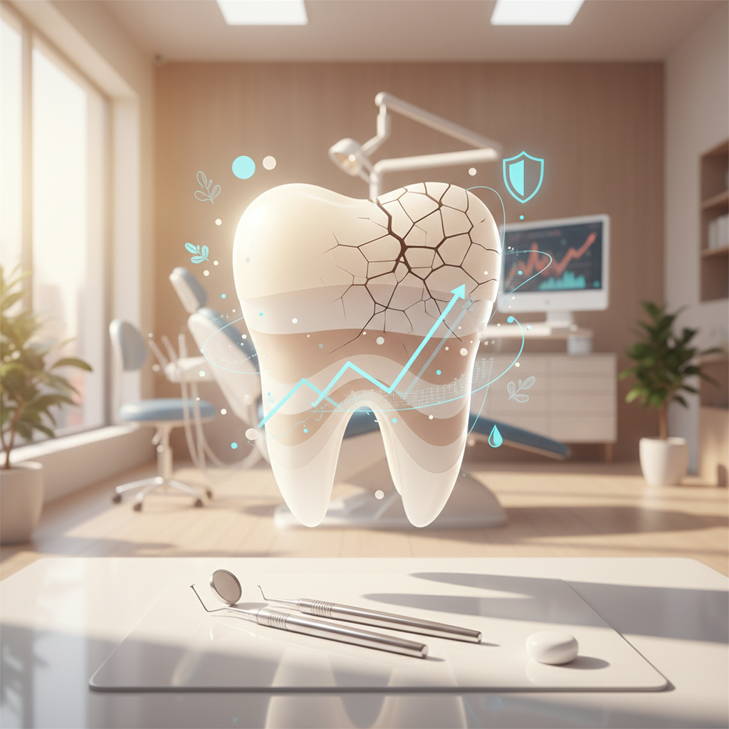 Modern dental clinic with cracked tooth enamel, digital growth icons, and preventive care symbols.