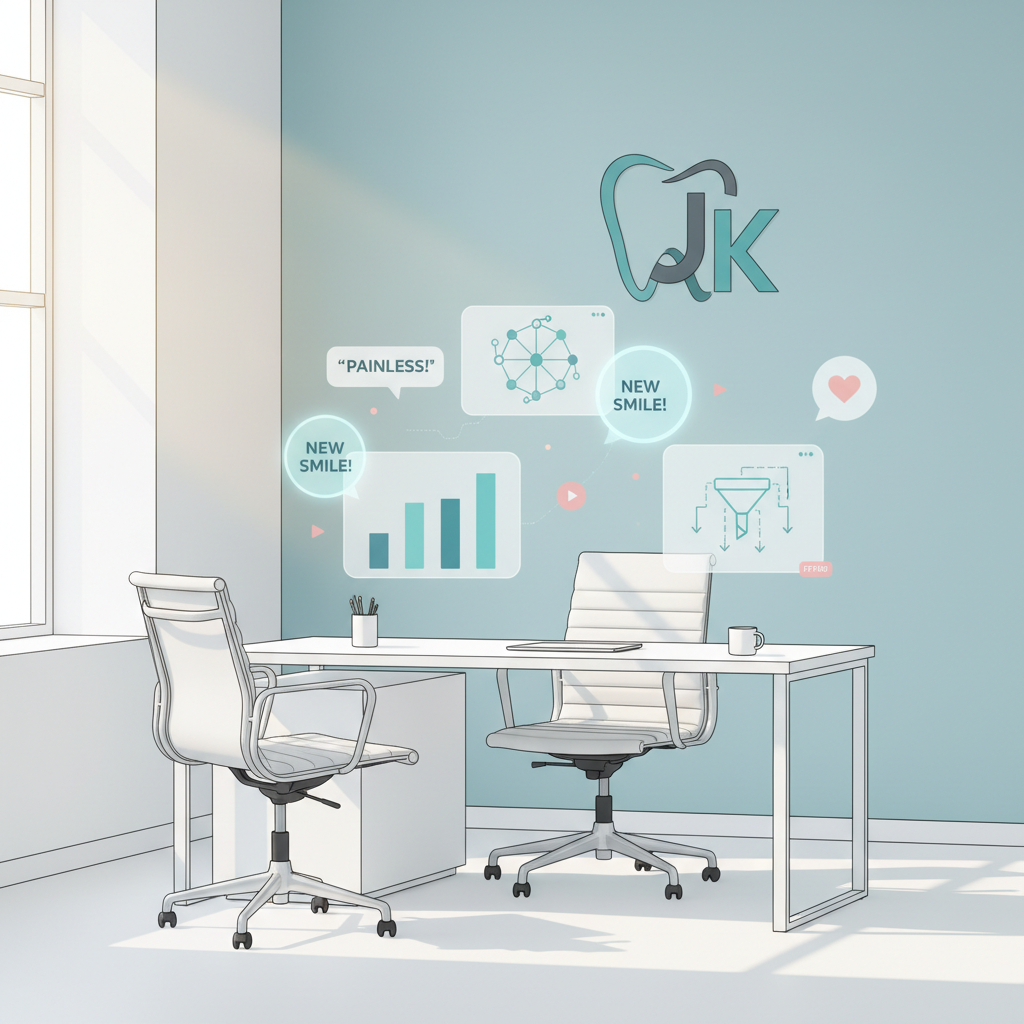 Modern dental clinic with digital charts, testimonial bubbles, and device screens in a bright, clinical setting.