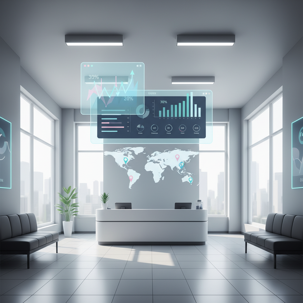 Modern dental clinic with digital dashboard, charts, maps, and warm, professional colors.