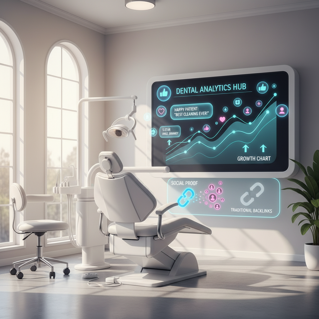Modern dental clinic with digital dashboard displaying growth charts, icons, and testimonial bubbles.