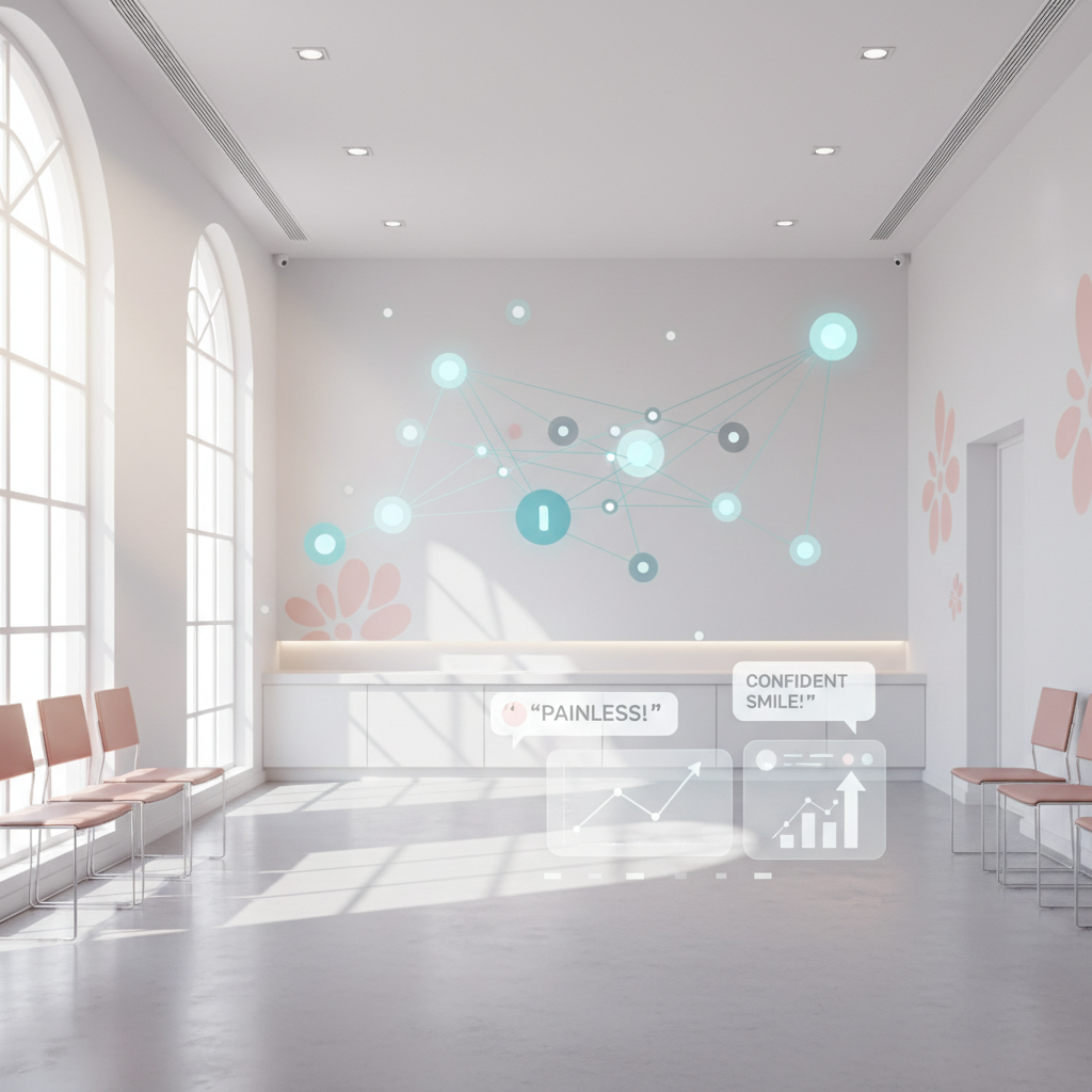 Modern dental clinic with digital dashboard, glowing link nodes, growth charts, and testimonial bubbles.