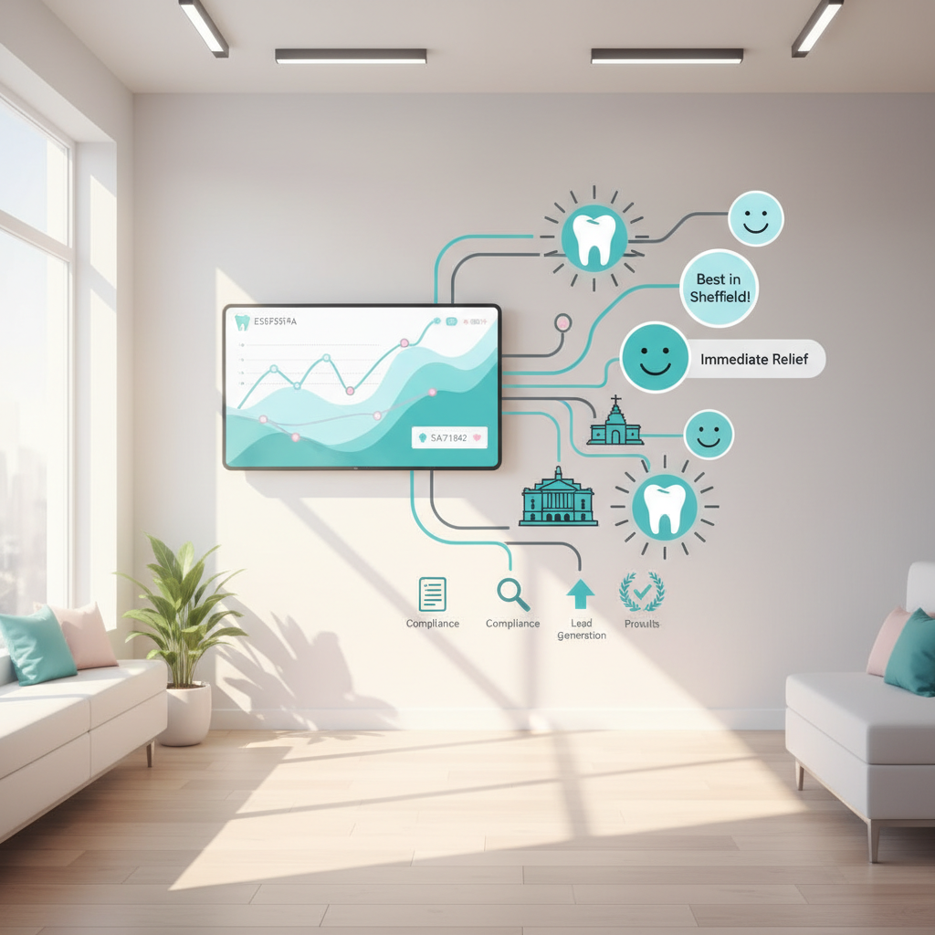 Modern dental clinic with digital dashboard, growth charts, and Sheffield landmarks connecting via flow lines.