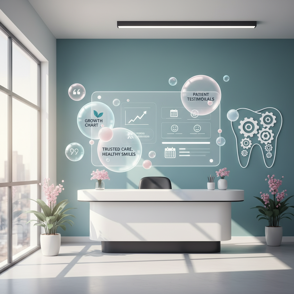 Modern dental clinic with digital dashboard, growth charts, and patient testimonials in warm tones.