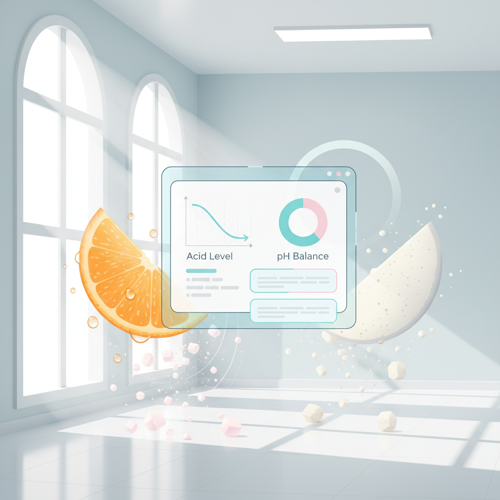 Modern dental clinic with digital dashboard, surrounded by abstract food ingredients and soft colors.