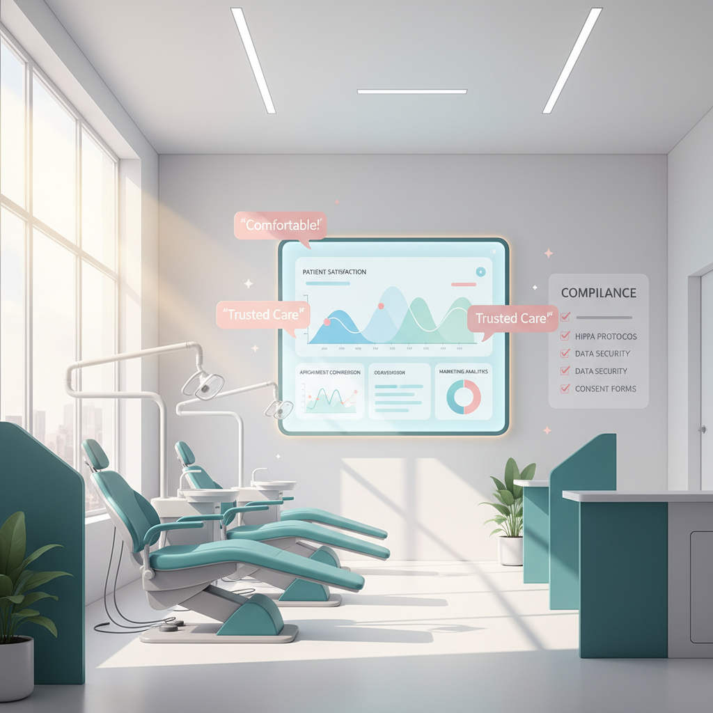 Modern dental clinic with digital dashboard, testimonial bubbles, and organized, bright white space.