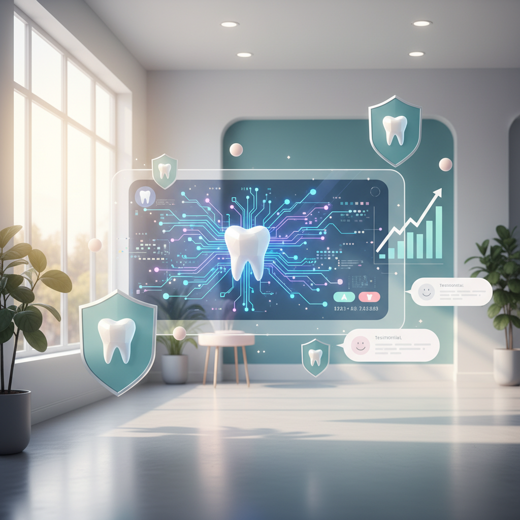 Modern dental clinic with digital dashboard, tooth icons, privacy shields, and soft pastel accents.