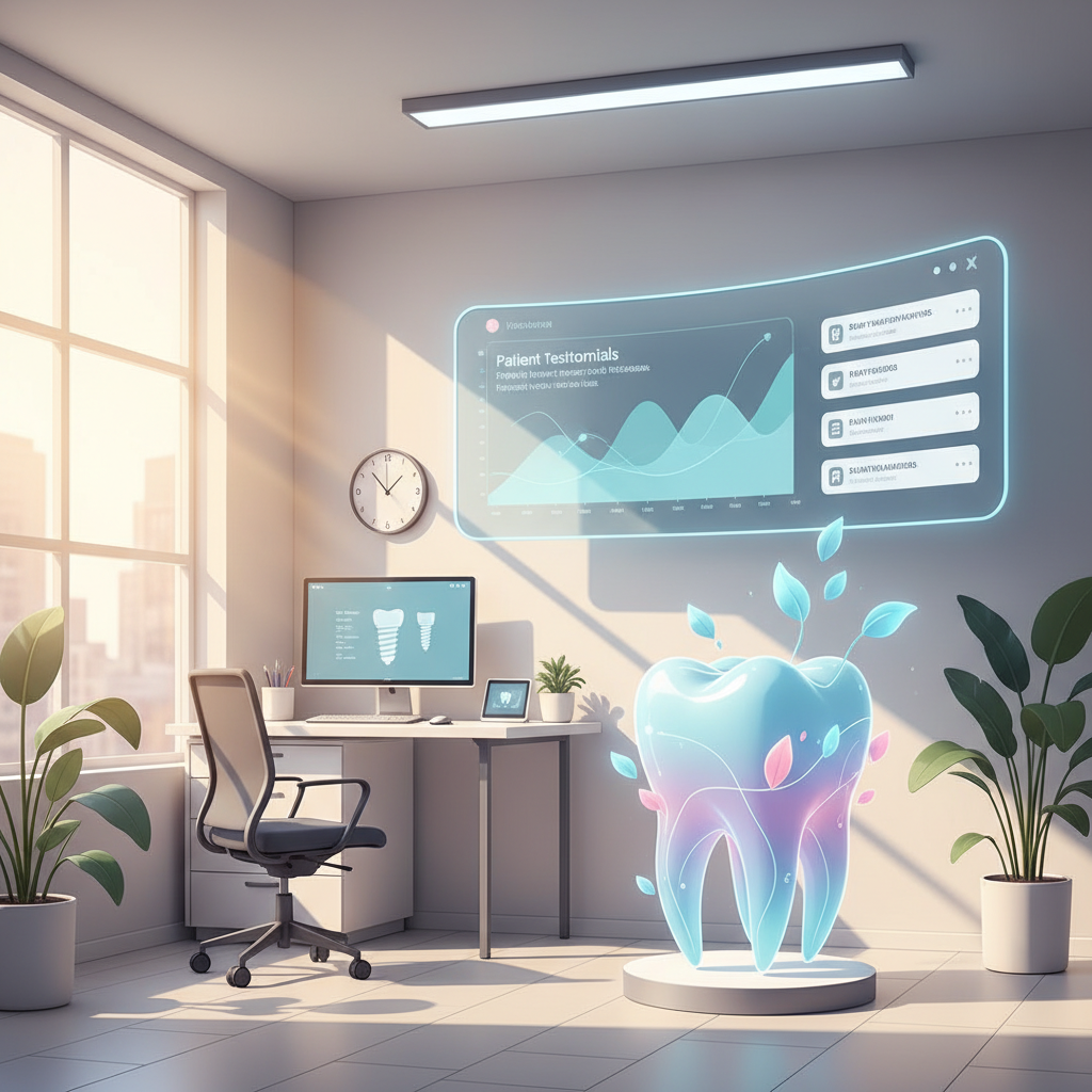 Modern dental clinic with digital dashboard, translucent tooth structures, and warm, inviting colors.